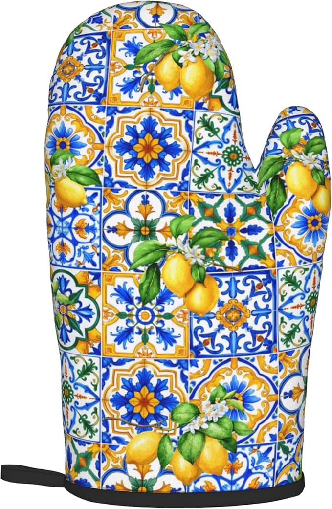 Lemon Oven Mitts - Summer Kitchen Mitts Pot Holders Teal Blue and Yellow Hot Mitts Boho Floral Hot Pads Sets of 2 for Cooking Baking Grilling