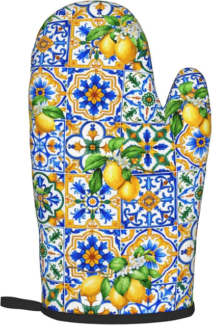 Lemon Oven Mitts - Summer Kitchen Mitts Pot Holders Teal Blue and Yellow Hot Mitts Boho Floral Hot Pads Sets of 2 for Cooking Baking Grilling