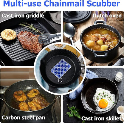 Cast Iron Scrubber with Bamboo Fiber Cloth and Pan Scraper, 316L Cast Iron Cleaner Set – Removes Stains, Protects Coatings, Safe for Dutch Oven, Skillets, Griddles(Blue)