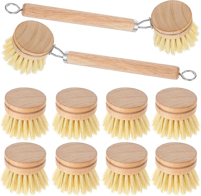 Kifmurase Bamboo Dish Brush with Handle, 10 Pcs Replacement Heads Wooden Kitchen Brush for Dishes, Vegetable Brushes Dish Scrubber for Cleaning Kitchen Room Vegetable Pots and Pans