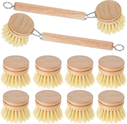 Kifmurase Bamboo Dish Brush with Handle, 10 Pcs Replacement Heads Wooden Kitchen Brush for Dishes, Vegetable Brushes Dish Scrubber for Cleaning Kitchen Room Vegetable Pots and Pans