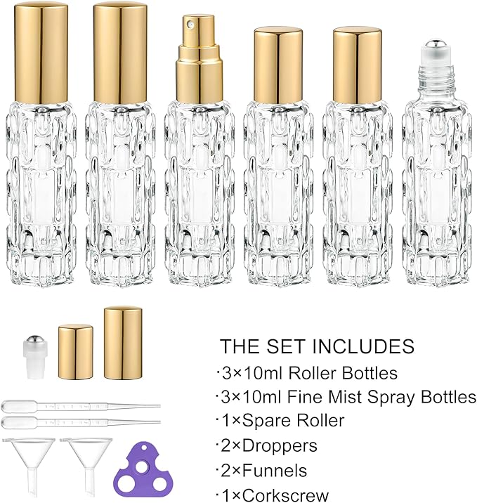 6 Pack Glass Bottles, 3×10ml Roller Bottles & 3×10ml Fine Mist Spray Bottles, Refillable Travel Containers for Essential Oils, Perfume, Liquids (Gold Caps)
