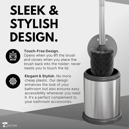 ToiletTree Products Toilet Brush with Lid - Sleek Toilet Bowl Brush and Holder - Toilet Scrubber Brush Set with Heavy-Weight Base - Lidded Toilet Bowl Cleaner Brush and Holder - Chrome