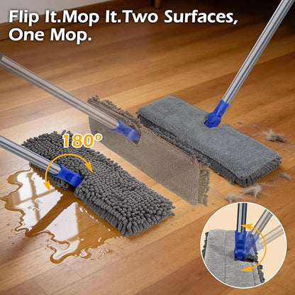 MASTERTOP Microfiber Dust Mop,Double-Sided Flat Mops for Hardwood Floors with 4 Reusable Mop Pads, Floor Mops with Stainless Steel Handle and Extension, Cleaner for Hardwood, Vinyl, Laminate, Tile