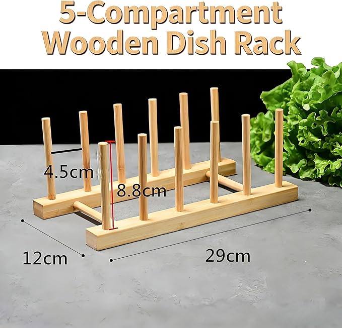 Wooden Dish Rack with 5 Compartments - Drying Drainboard Storage Holder for Plates, Bowls, Cups & Pot Lids, Kitchen Cabinet Organizer (Wood Color)