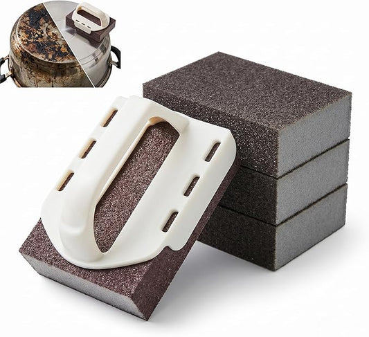 Magic Emery Cleaning Sponge,Heavy Duty Nano Sponge Eraser, Magic Carbide Cleaning Sponge for Rust & Grease Remover, Steeli Sponge Alternative, Magic Eraser Sponge for Pans(4 Sponges with Handle)