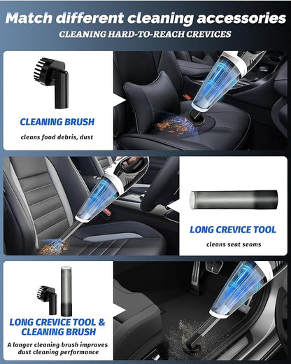 BRL Handheld Vacuum Cordless, Car Vacuum Cleaner with Powerful Suction, 2 Modes Mini Hand Vacuum, Dry & Wet, LED Light, Portable Vacuum for Car Pet Hair, Home, Office, Keyboards White Sliver