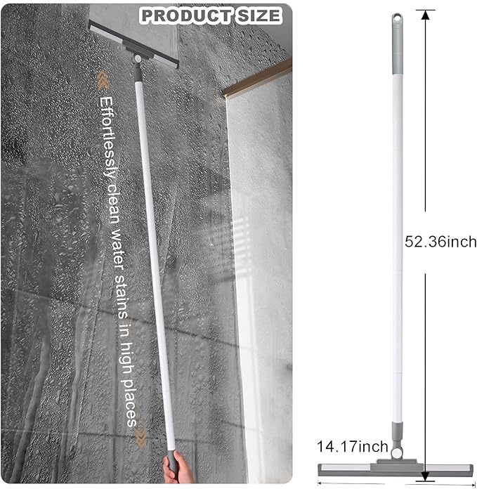 Floor Squeegee Broom - 52" Long Handle Rubber Scrubber for Bathroom, Tile, Shower, Glass, Pet Hair, Hardwood Floor - Adjustable Long Handle, Water Wiper with Replacement Blade (White)