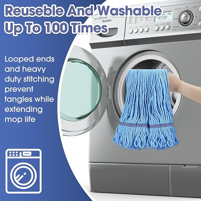 Eccliy 6 Pack Mop Heads Replacement Commercial Industrial Mop Heads Heavy Loop End Cotton String Heavy Duty Refills Wet Washable Refills for Home General Floor Cleaning (Blue,Orange)