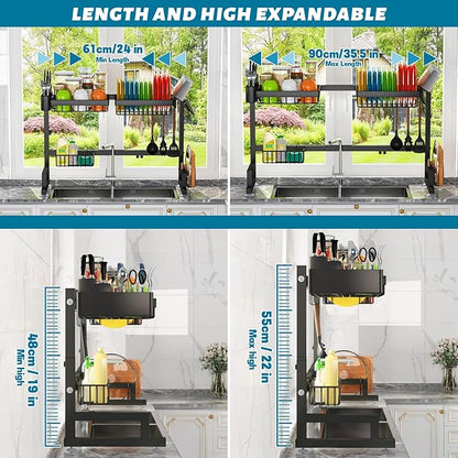 ADBIU 【Fit Sink 24.5"- 32" L 2023 Version Over Sink Dish Drying Rack (Expandable Dimension) Snap-On Design 2 Tier Large Kitchen Dish Rack Stainless Steel Counter Organization and Storage