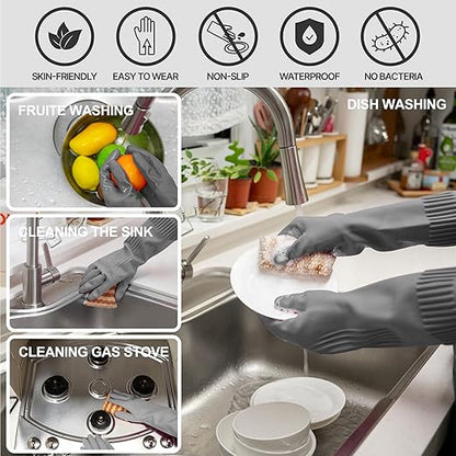 DABOGOSA Mamison 2 Pairs Reusable Waterproof Household Dishwashing Cleaning Rubber Gloves, Non-Slip Kitchen Glove (Grey, Large (Pack of 3))