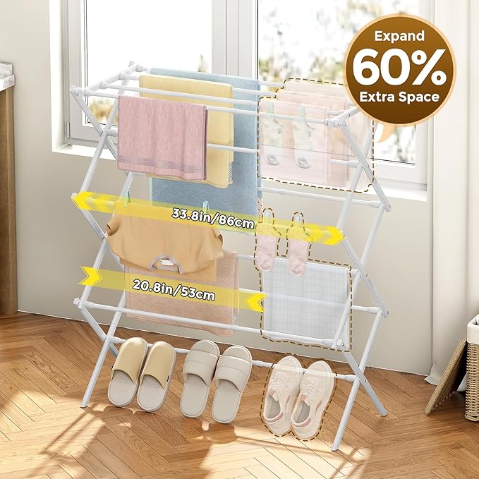 KINGBOARD Clothes Drying Rack, Collapsible Drying Rack Clothing with 11 Poles, 3-Tier Laundry Drying Rack, Small Clothes Drying Rack Foldable for Baby Clothes Sock Towel, 25lb Capacity, White