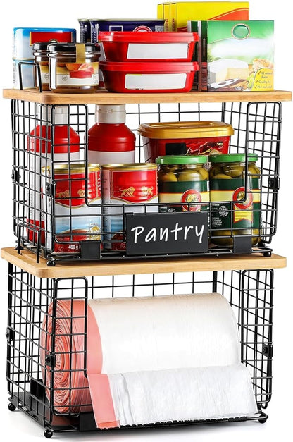 Upgrade Larger, Fit 13/30/33+ Gallon Trashbag Perfectly - 2 SET Stackable Trash Bag Holder with Tags & Bamboo Top, Garbage Bag Dispenser Stand, Kitchen Pantry Under Sink Laundry Room Organizer Basket