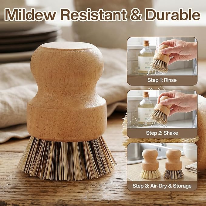 Wooden Dish Brush with Metal Stand Handheld Bamboo Wok Brush Scrubber for Dishes Pans Pots Fruit and Veggie Washing(2,Beige Brown)