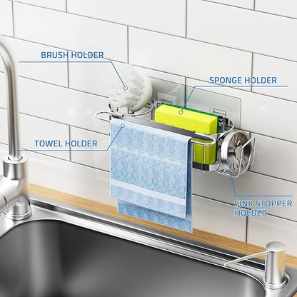 Cisily Kitchen Sink Caddy Sponge Holder in The Sink, Stainless Steel Kitchen Sink Organizer, Brush Holder, Dish Cloth Hanger, Sink Stopper Holder (Hanging-Silver)