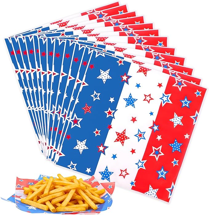 FOIMAS 150pcs Patriotic Wax Paper,9.8 x 9.8 Inch 4th of July Food Deli Paper Star Sandwich Basket Liner for Independence Day Picnic Patriotic Party Kitchen Supply