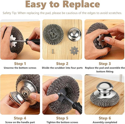 Steel Wool Scrubber, 4-Pack Stainless Steel Scrubber Pads with Handle - The Ultimate Scouring Solution for Rust, Stubborn Messes on Cookware, Grill, Oven & Kitchen Sinks