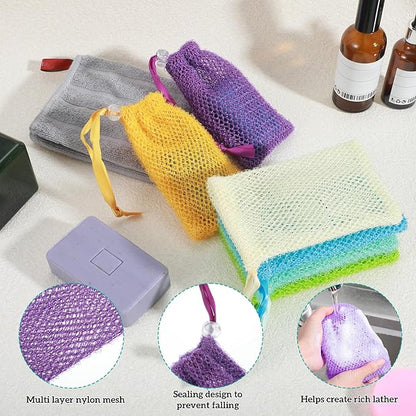 6 Pack Mesh Soap Bags Colorful Soap Bags for Soap Bars with Flexible Drawstring, Exfoliating Foaming Net Gentle Exfoliation and Rich Lather for Store Bath Products Body Facial Shower Cleaning