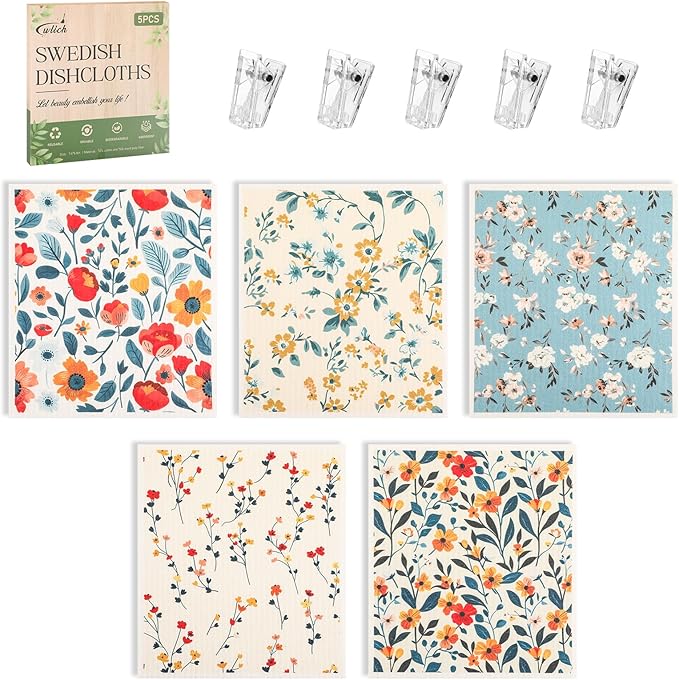 wlich 5PCS Swedish Dishcloths for Kitchen, Reusable Dish Rags for Washing Dishes with Clips, Non-Scratch Kitchen Towels and Dishcloths Sets, Washable Swedish Dish Cloths, No Odor(Plant)