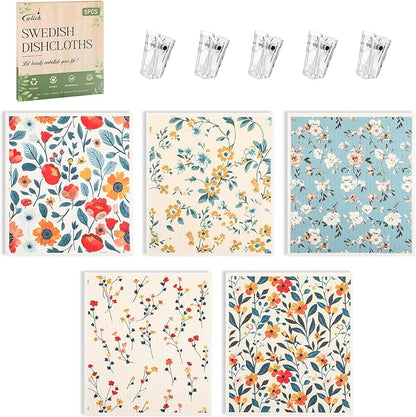 wlich 5PCS Swedish Dishcloths for Kitchen, Reusable Dish Rags for Washing Dishes with Clips, Non-Scratch Kitchen Towels and Dishcloths Sets, Washable Swedish Dish Cloths, No Odor(Plant)