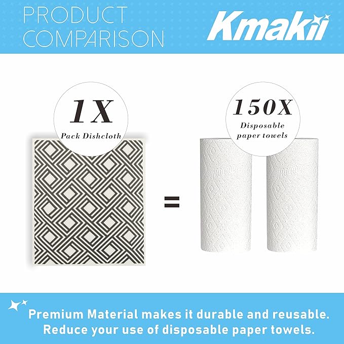KMAKII Swedish Dishcloths Reusable, Absorbent, Quick-Drying Sponge Cloths for Kitchen and Counter Cleaning, Reusable Dish Towels and Dish Cloths, Black & White, Pack of 10 Pcs