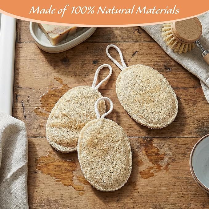 3 Pcs Natural Loofah Dish Sponge, 12X8 CM Loofah Kitchen Sponge, Oval Shape Loofah Sponge for Dishes, Eco Friendly for Non-Stick Cookware and Kitchen Deep Cleaning