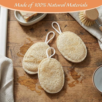 3 Pcs Natural Loofah Dish Sponge, 12X8 CM Loofah Kitchen Sponge, Oval Shape Loofah Sponge for Dishes, Eco Friendly for Non-Stick Cookware and Kitchen Deep Cleaning