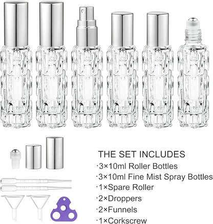 6 Pack Glass Bottles, 3×10ml Roller Bottles & 3×10ml Fine Mist Spray Bottles, Refillable Travel Containers for Essential Oils, Perfume, Liquids (Silver Caps)