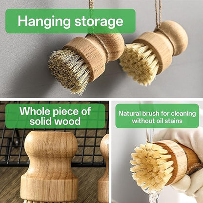 Bamboo Dish Brush Set, Natural Sisal Scrubber for Pots Pans Dishes with Tray, Eco Friendly Kitchen Brush 3 Pack