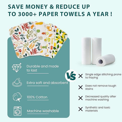 Reusable Paper Towels Washable, Pack of 12 Paperless Kitchen Towels Roll - Surprise Prints, Super Soft Eco-Friendly Cotton Cloth