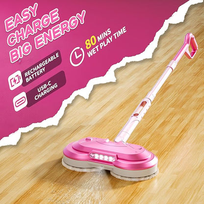 BLAXTEM Kids Electric Spray Spin Mop Toy, Rechargeable Cordless Electric Mop W/ Water Sprayer & LED Headlight for Children Girls & Boys, Cleaning Toy for Pretend Play (Pink)