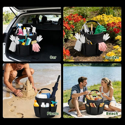 17L Foldable Cleaning Caddy with Handle - Portable Oxford Fabric Storage Bucket, Organiser for Cleaning Supplies, Toiletries, Home, Garden, Picnic & Beach (Black)