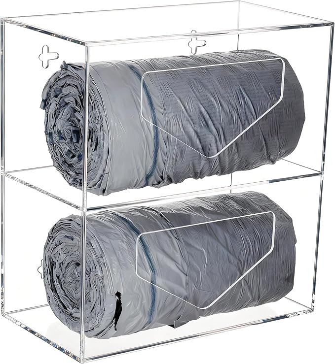 Trash Bag Dispenser with 2 Compartment, Wall Mounted Double Garbage Bag Dispenser Roll Holder Under Sink for Kitchen Cabinet - Acrylic Trash Bag Organizer Dispenser, Clear