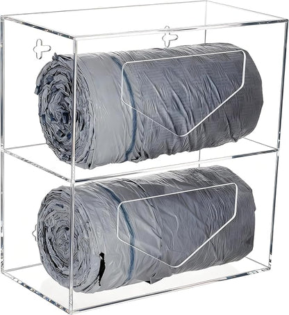 Trash Bag Dispenser with 2 Compartment, Wall Mounted Double Garbage Bag Dispenser Roll Holder Under Sink for Kitchen Cabinet - Acrylic Trash Bag Organizer Dispenser, Clear