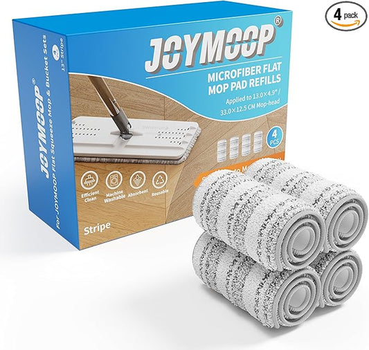 JOYMOOP Flat Mop Pads, Microfiber Mop Cleaning Pads, Washable Pads, Pads Replacement for Flat Mop or Mop Bucket Set, Pack of 4 Refills 13inch - Stripe