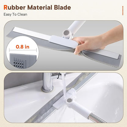Floor Squeegee Broom, 2 in 1 Magic Broom with Rubber Scrubbing Teeth and Long Handle, Shower Floor Squeegee for Bathroom, Kitchen, Tile, Concrete, Garage, Pet Hair and Water