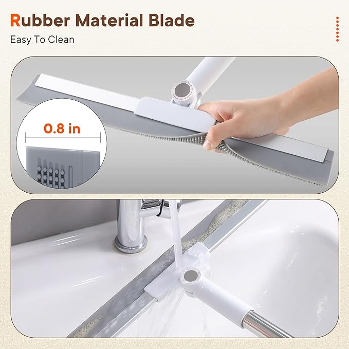 Floor Squeegee Broom with Long Handle, 2 in 1 Rubber Broom with Scrubbing Teeth for Water Removal, Shower, Bathroom, Kitchen, Tile, Concrete, Garage and Pet Hair