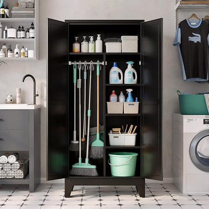 71" H Metal Garage Storage Cabinets,Broom Closet Storage Cabinet,Utility Cabinet,Black Storage Cabinets