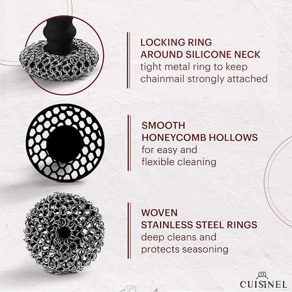 Cuisinel Cast Iron Chainmail Scrubber + Pan Scraper - Deluxe Ergonomic Stainless and Silicone Cleaner for Pots and Skillets - Food-Safe Design - Easy to Clean Dishwasher Safe Cookware Sponge Accessory