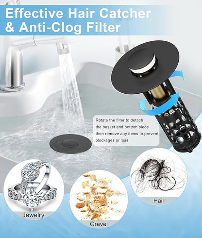 QYHNYJF Upgraded Bathroom Sink Stopper with Hair Catcher - Universal Pop-Up Drain Plug, Stainless Steel & Silicone Seal for 1.1-1.5 Inch Drains, Matte Black Finish (Matte Black)