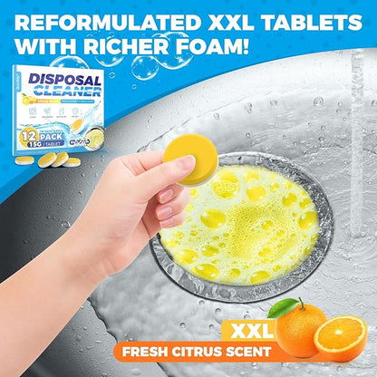 Garbage Disposal Cleaner Tablets - 12 Pack, XXL Foaming Disposal Cleaner - Powerful Deep Cleaning & Grease Remover, Septic Safe Kitchen Sink Drain Care for Maintenance