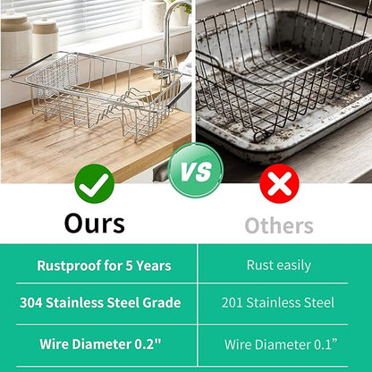 JAQ Over Sink Dish Drying Rack, Expandable 14.96"–22.44" Adjustable Dish Rack for Kitchen Sink, 304 Stainless Steel Dish Drainer with Utensil Holder, Space Saving for Small Sink