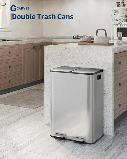 2 x 8 Gal (2 x 30 L) Dual Compartment Trash Can - Stainless Steel Garbage Recycling Bin with Soft Close Lids, Removable Liner Buckets, 16 Gallon/60 L Step on Kitchen Waste Container - Silver