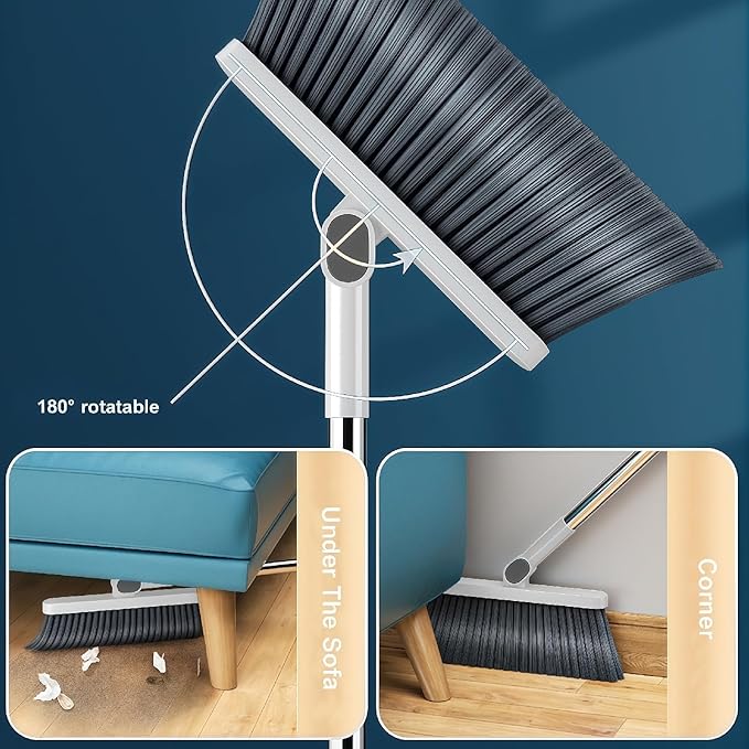 Broom and Dustpan Set, Long Handle Standing Broom with Self-Cleaning Comb Teeth, Heavy Duty Broom Dustpan Combo for Home Kitchen Office Floor Pet Hair Cleaning (White)