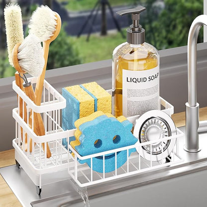 Consumest Sponge Holder for Kitchen Sink - Auto Draining Sink Caddy Organizer with Detachable Rack, High Brush Holder, Kitchen Countertop Storage Accessories, White