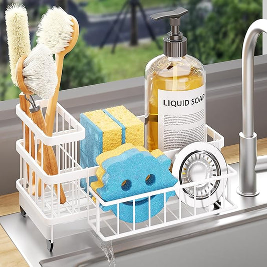 Consumest Sponge Holder for Kitchen Sink - Auto Draining Sink Caddy Organizer with Detachable Rack, High Brush Holder, Kitchen Countertop Storage Accessories, White