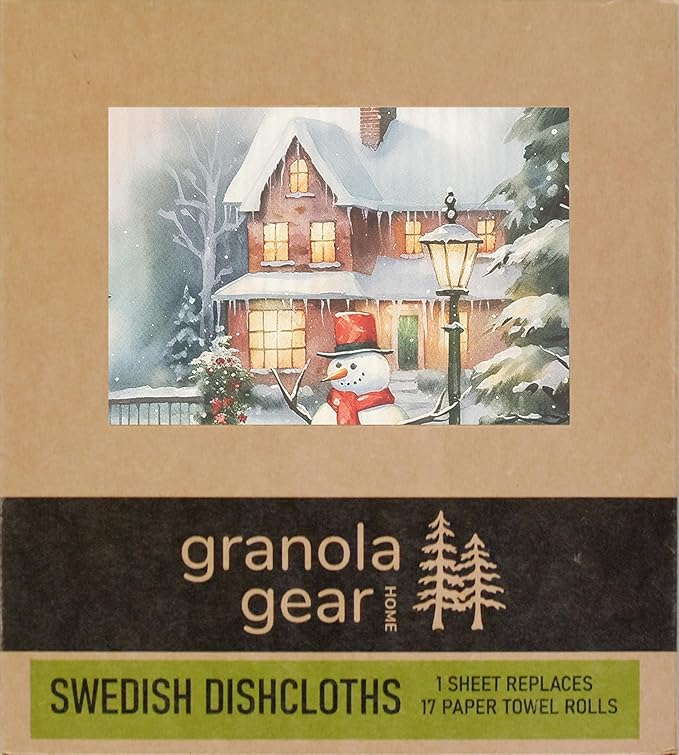 Home by GranolaGear-Christmas Swedish Dishcloths for Kitchen 6-Pack Reusable Paper Towels, Eco-Friendly, Compostable, Biodegradable Dish Wash Cloth Sponge, Winter Holiday Snowman Art-Cozy Snow Day