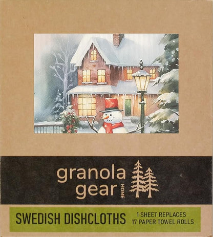 Home by GranolaGear-Christmas Swedish Dishcloths for Kitchen 6-Pack Reusable Paper Towels, Eco-Friendly, Compostable, Biodegradable Dish Wash Cloth Sponge, Winter Holiday Snowman Art-Cozy Snow Day
