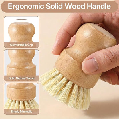 Wooden Dish Brush with Metal Stand Handheld Bamboo Wok Brush Scrubber for Dishes Pans Pots Fruit and Veggie Washing(1,Beige)