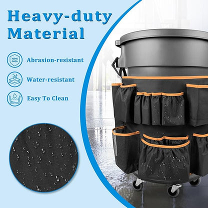 HODRANT Trash Can Caddy Bag Fit 32-55 Gallon Garbage Bin, Cleaning Caddy Bag with Adjustable Buckle for Industrial Trash Can, 13 Pockets Cleaning Tool Organizer for Cleaning Supplies, Orange Edge